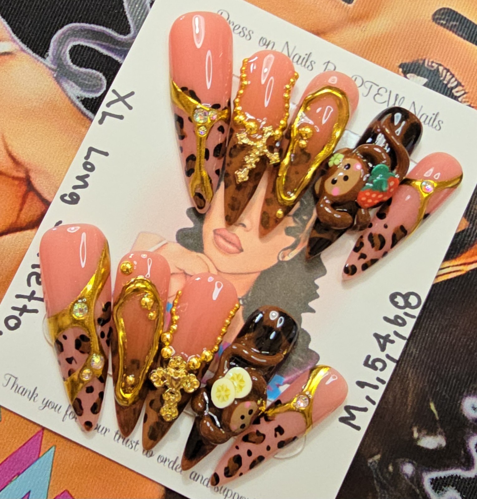 Handmade Gel Press On Nails,Naughty Monkey, Medium Size 1,5,4,6,8 XL Long Stilet