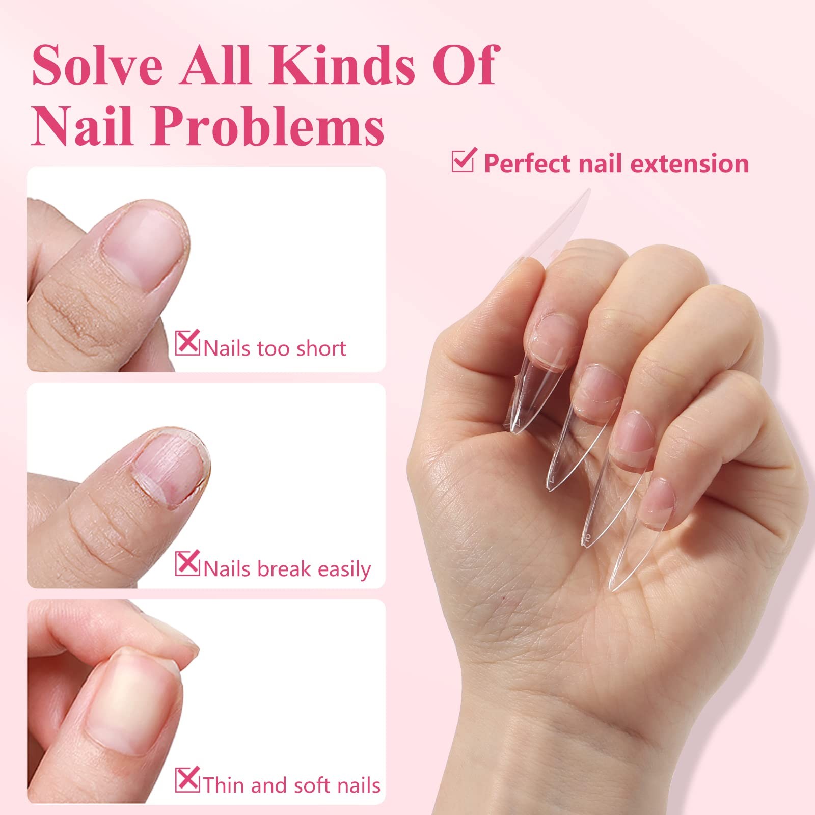 Clear Stiletto Nail Tips, 500PCS Half Cover Soft Gel Nail Tips Medium Stilett…