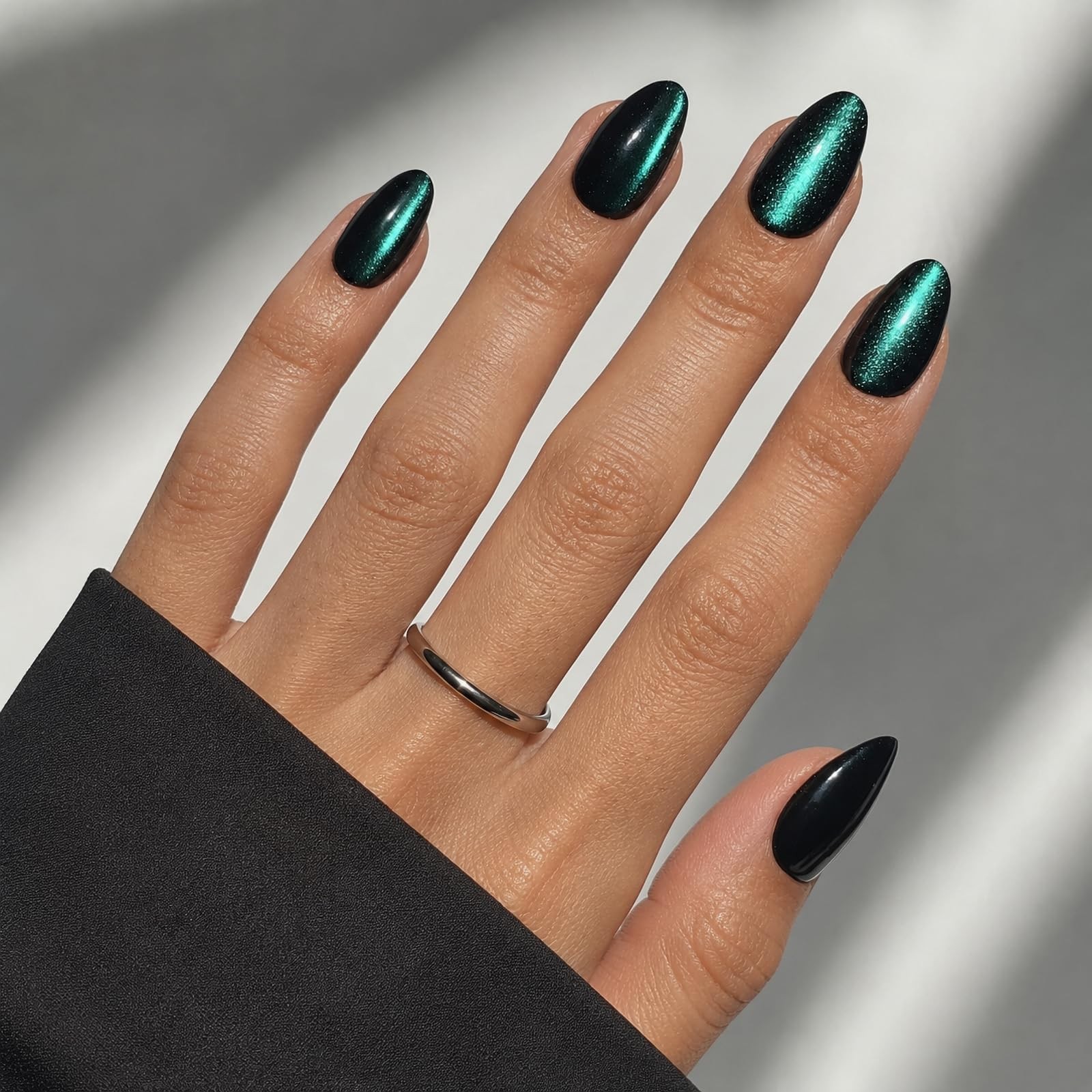 Emerald Green Cat Eye Press On Nails, Short Almond Reusable Soft Gel Nails | …
