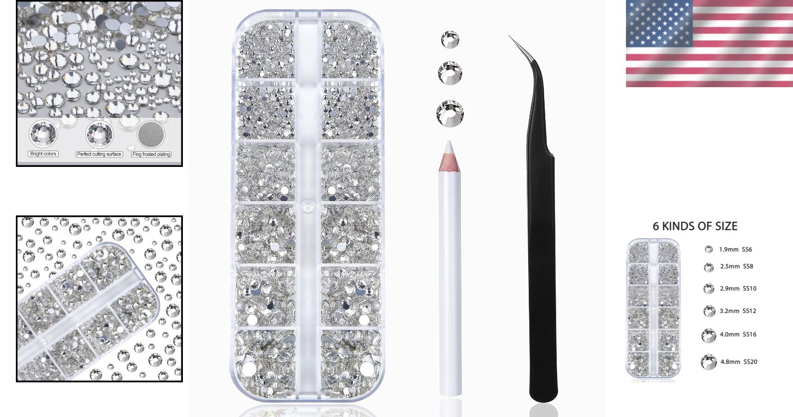 2400pcs Nail Art Rhinestones Kit with 6 Sizes & Tools – Crystal Clear Elegance
