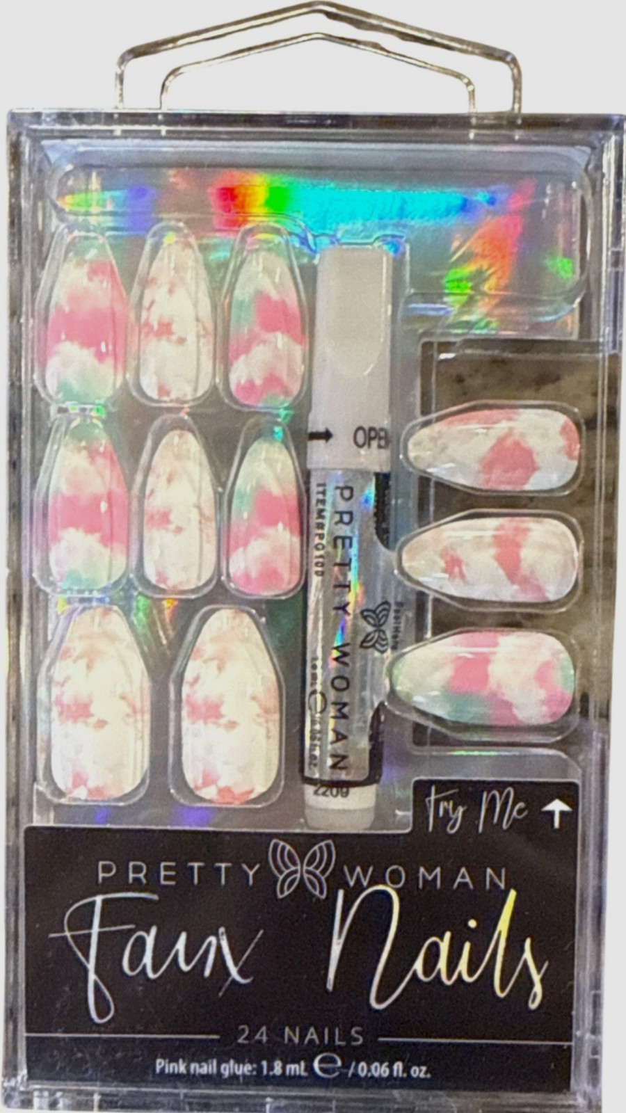 PRETTY WOMAN 24 Press-On FAUX NAILS Medium ALMOND Mable TIE DYE White+Pink READ!