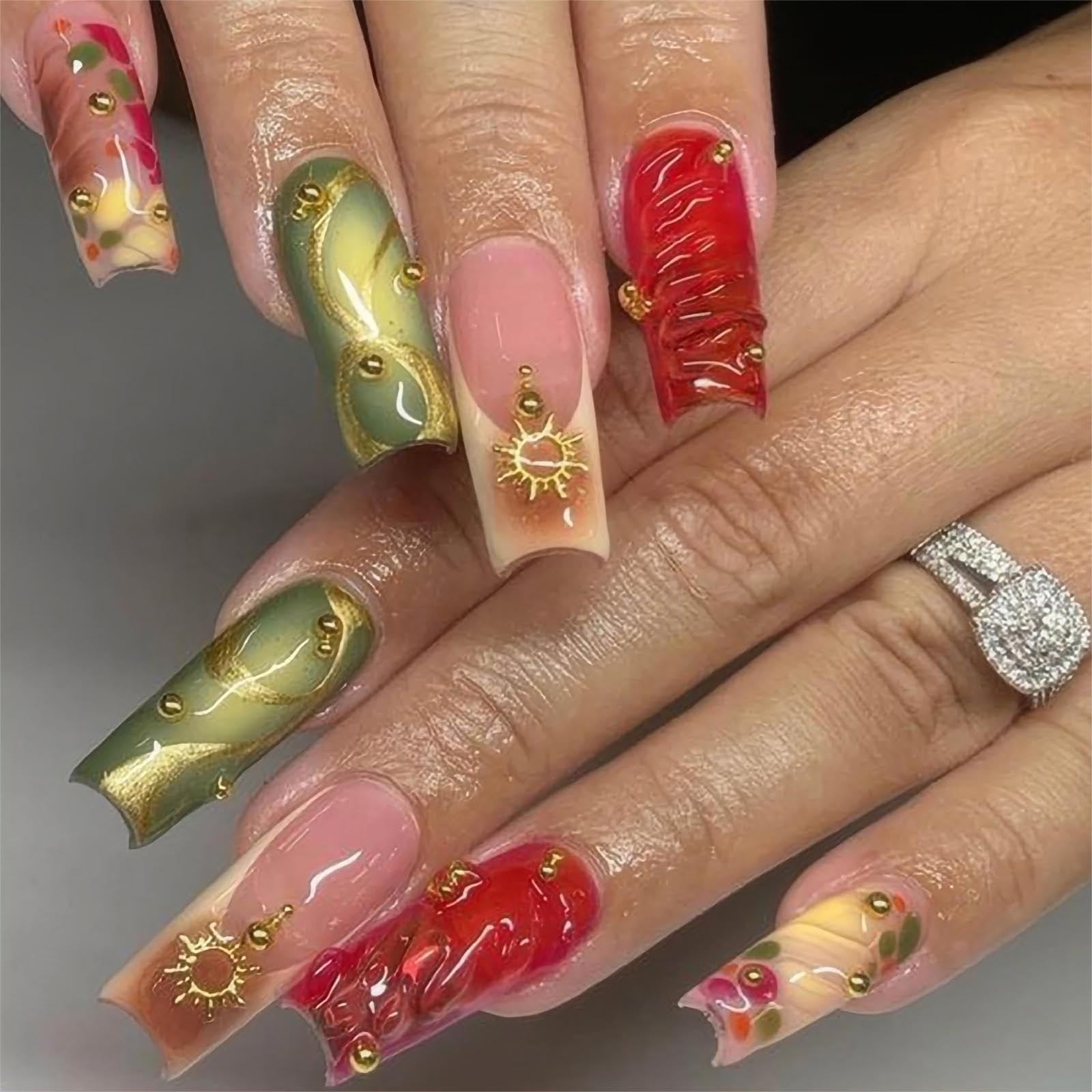 RTKHFZE Press on Nails Medium Length Square Fake General,24, Red Blooming