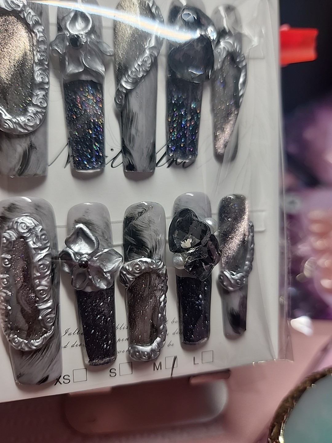 Press On Nails Handmade Medium Long Square Charcoal cateyes Water nails