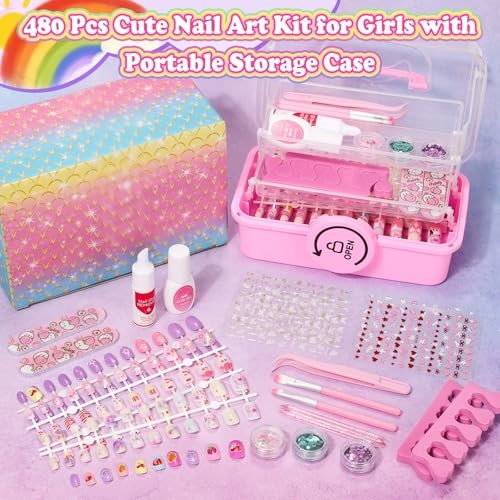 480 Pcs Kids Nails and Glue, Girls Press ons Nail Art Kit with Storage Pink