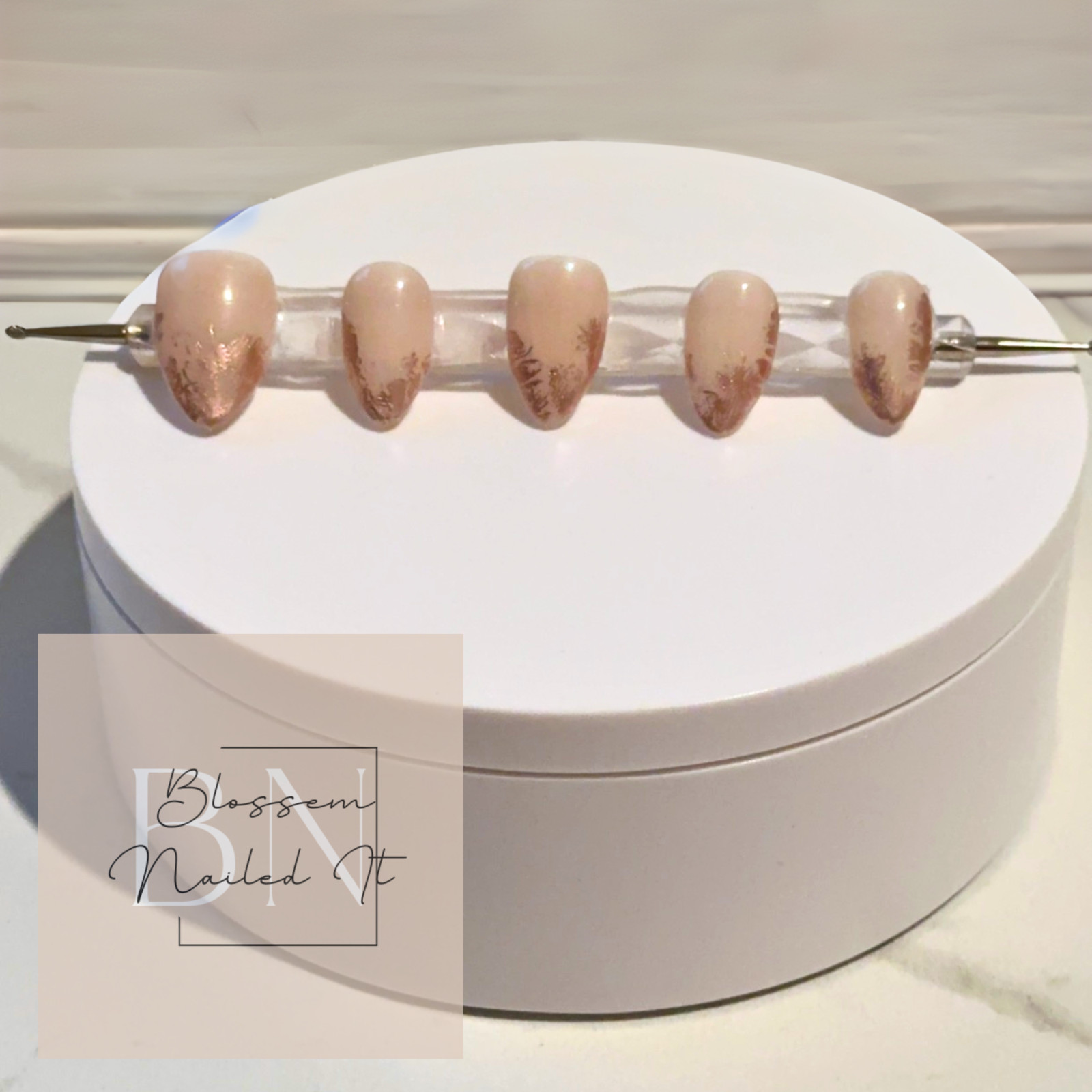 Rose Gold shattered French press on nails. Long and short styles available.