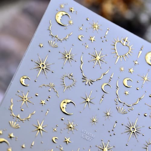 Gold Moon Star Nail Stickers 5D Embossed Celestial Nail Star Nail Decals