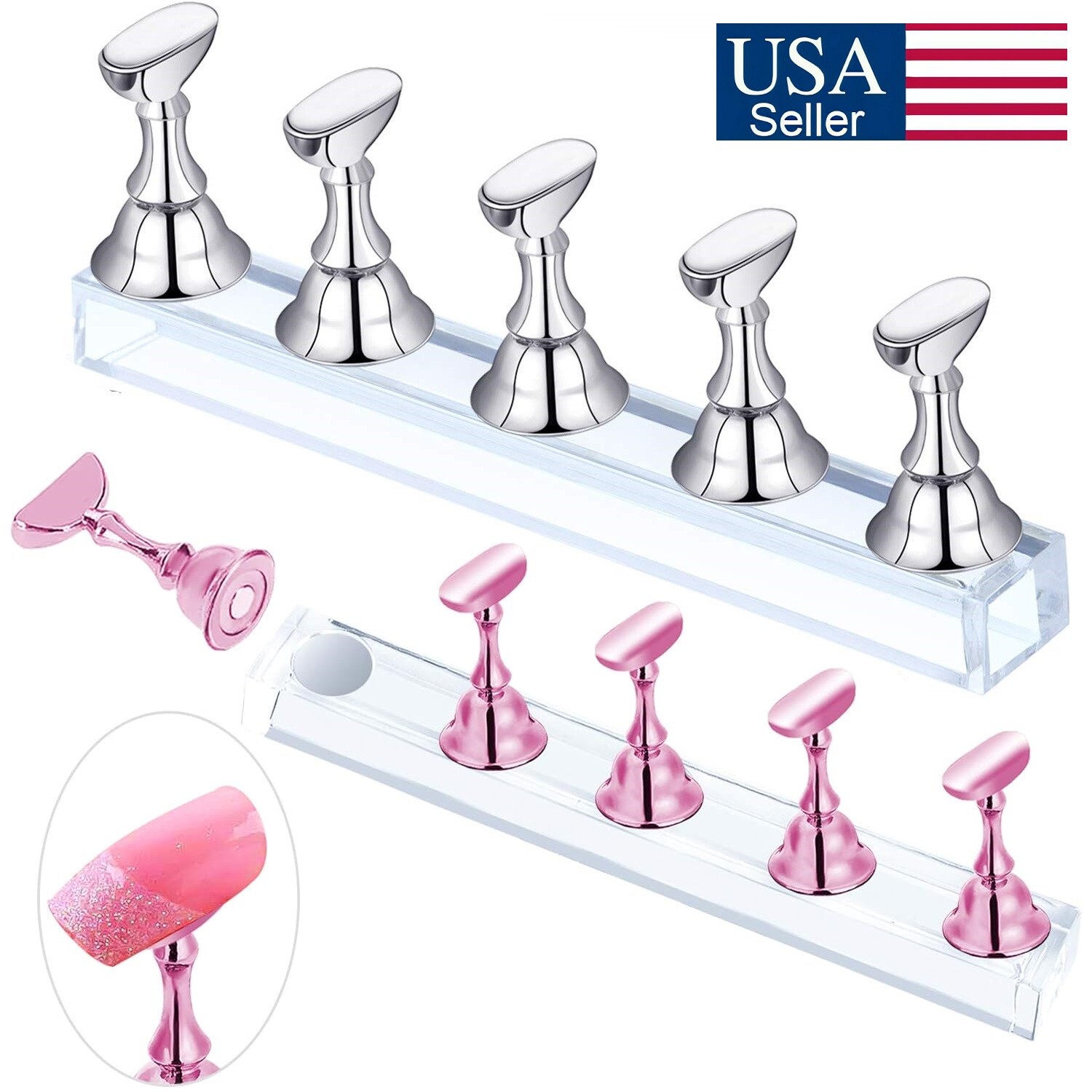 2Sets Nail Stand for Press on Nails Display Magnetic Fake Nails Holder Pink USA