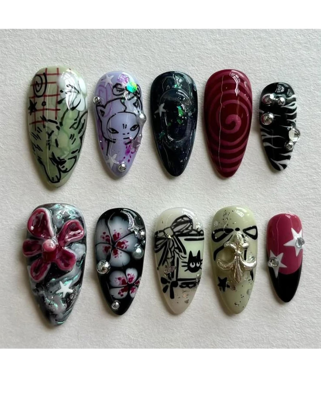 Custom Handmade Y2K Floral Cat Bow Star Metal Charms Swirl Almond Press on Nails