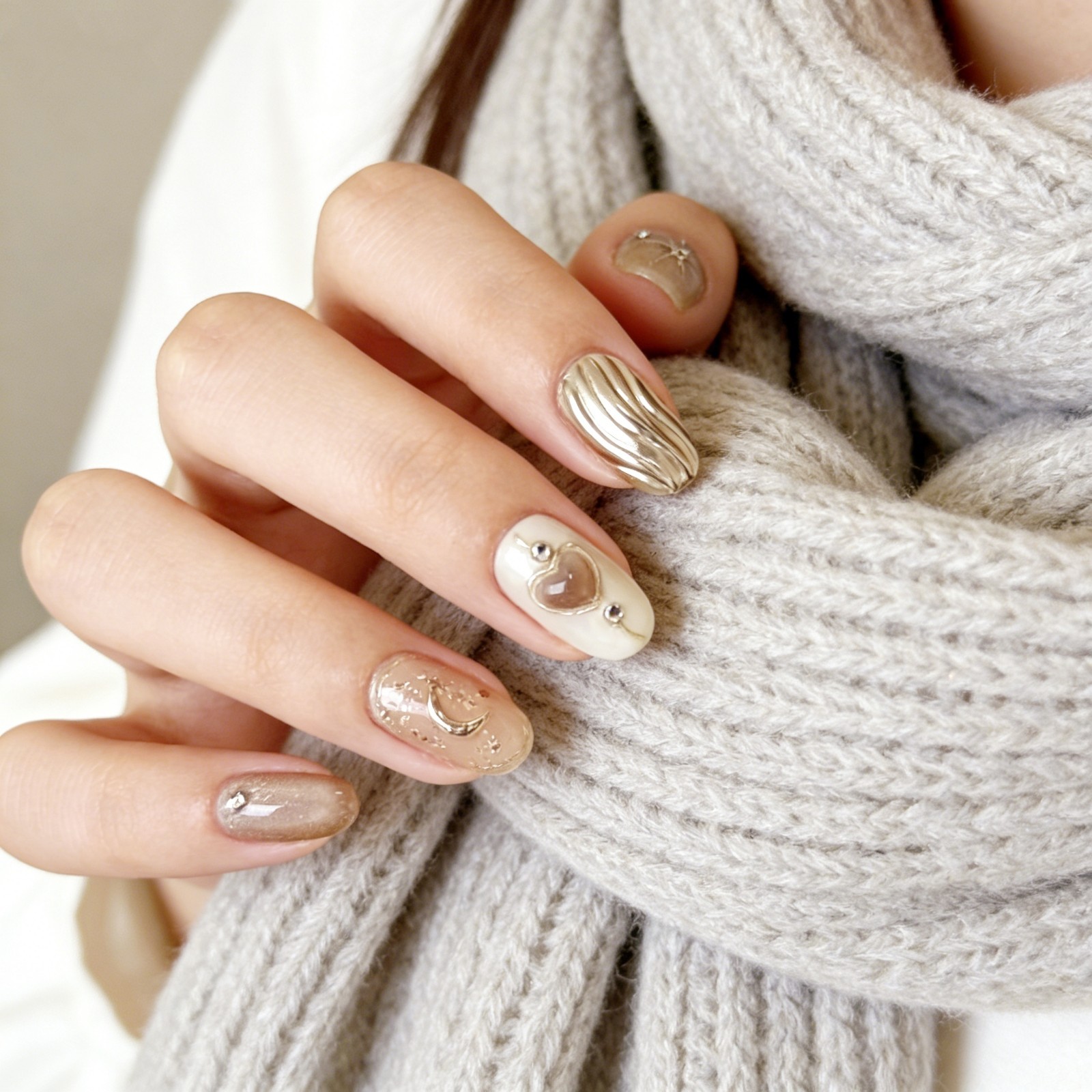 Gilded Galaxy Press On Nails Oval Metallic Rhinestone Handmade Set Gift For Her
