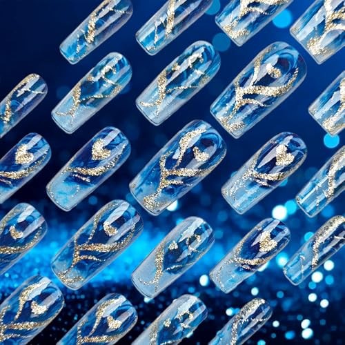 Gold Curve Line Press on Nails Sea Medium Square Fake Nails 24Pcs Blue Gradient