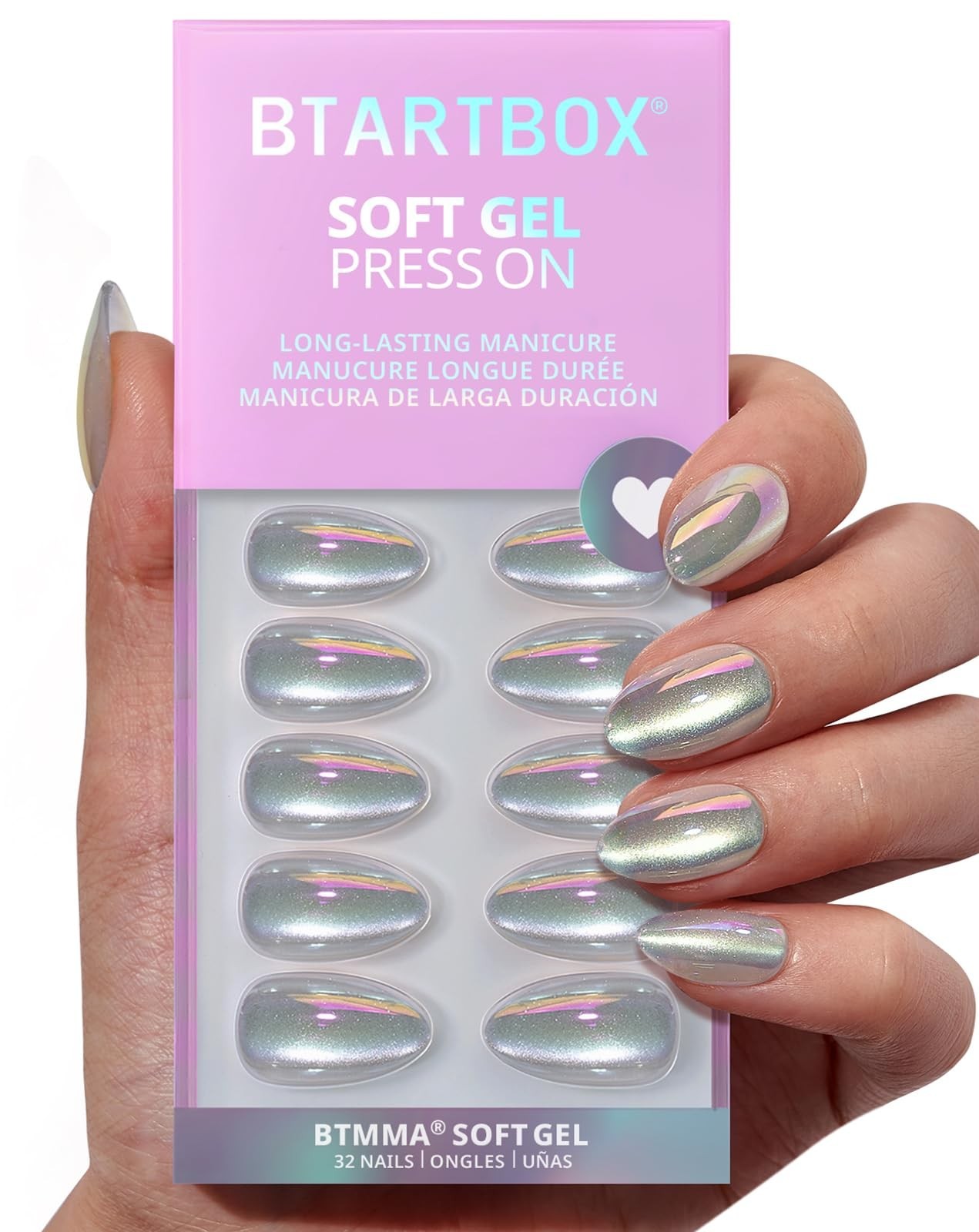 Short Chrome Cat Eye Almond Press On Nails Kit – 32 Opaque Soft Gel Nails, 16 Si