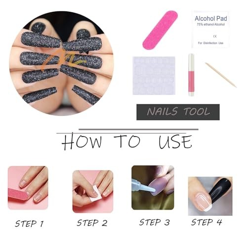 Press on Nails – Long Coffin Fake Nails with Bling Glitter, Glitter05Black