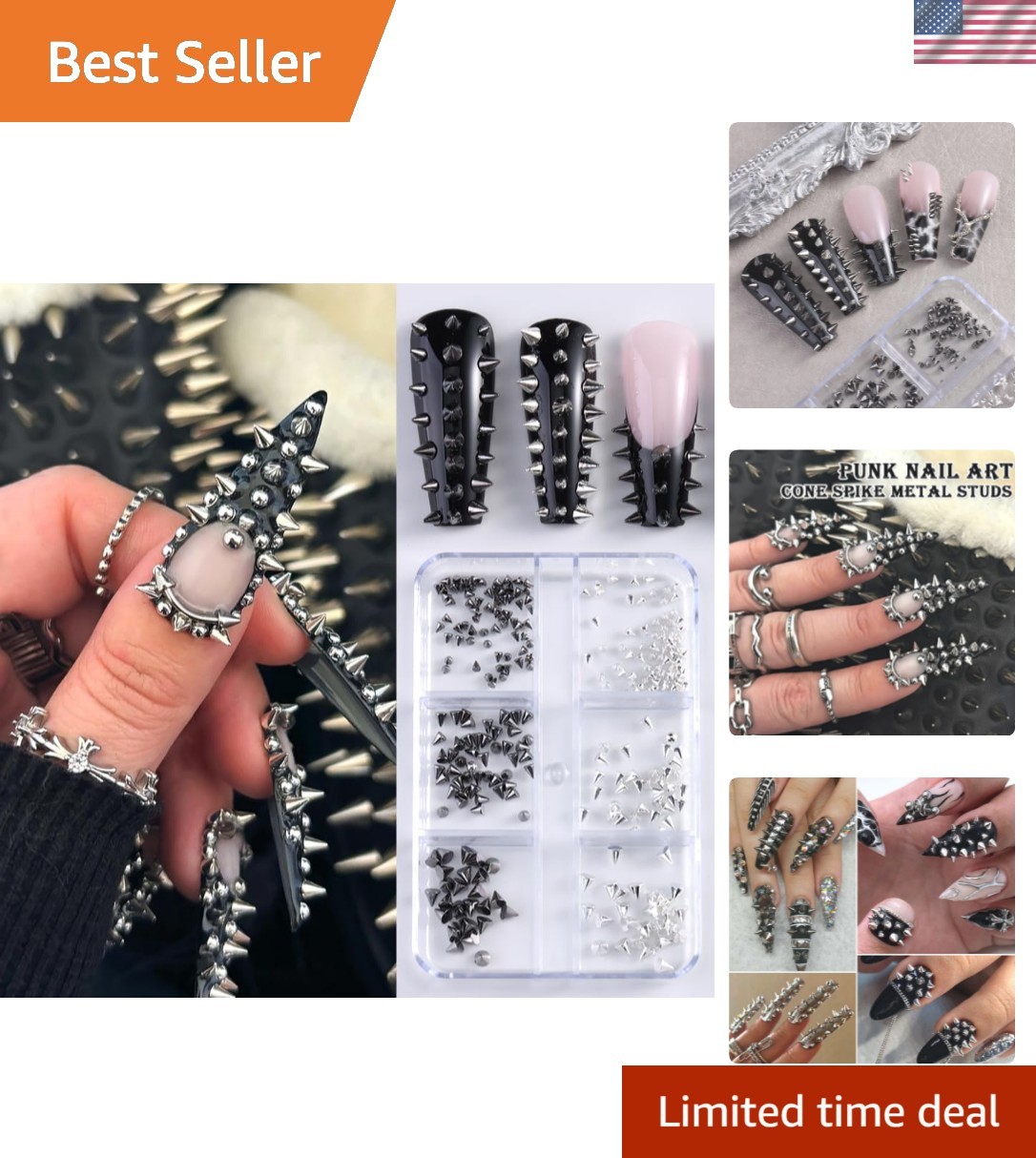 3D Mini Metal Punk Nail Art Studs Mixed Sizes Silver Black Cone Spike Metalli…