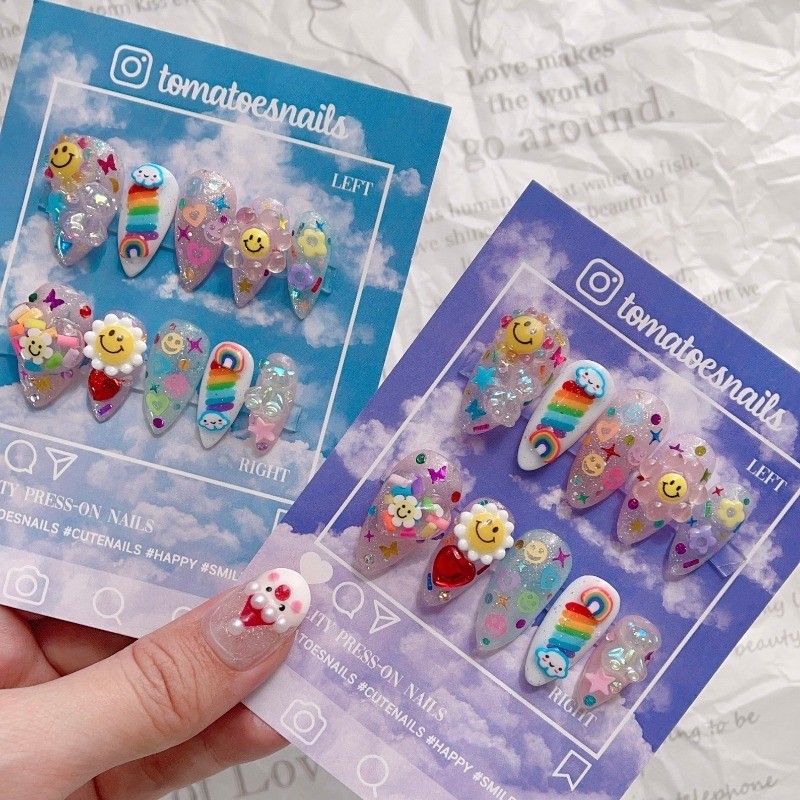 Custom Pure Handmade Nails Glitter Rainbow Flower Heart Cute Girls Manicure