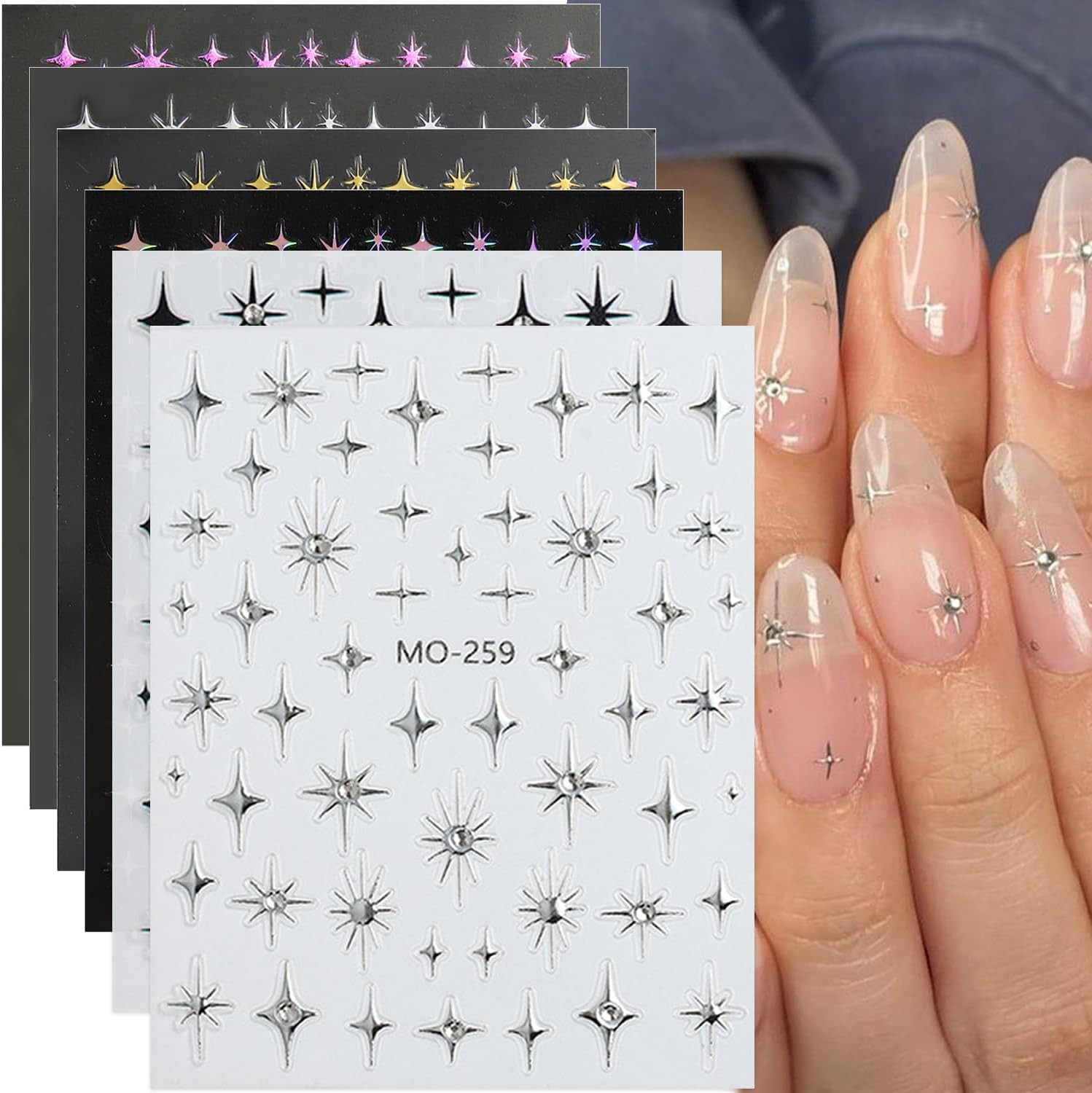 Star Nail Art Stickers Decals, 3D Self-Adhesive Shiny Crystal Black Silver Gold