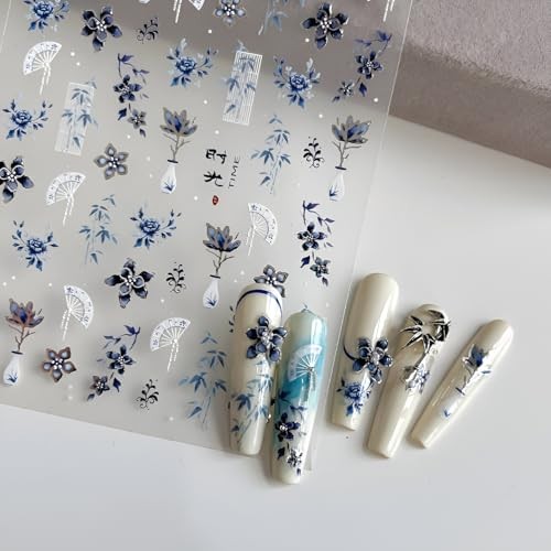 Flower Nail Stickers White Blue Nail Art Stickers 5D Embossed Blue Flower 2