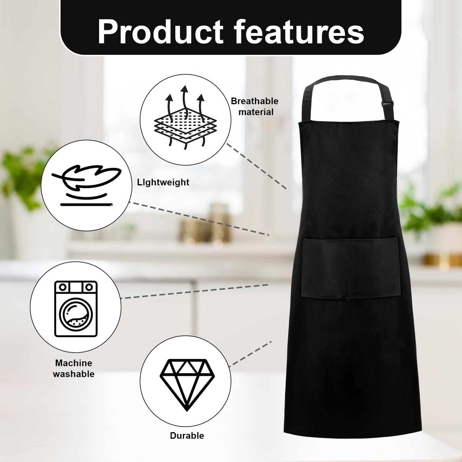 12Pcs Bib Aprons Bulk,Adjustable Black Apron with 2 Pocket,Waterproof Kitchen…