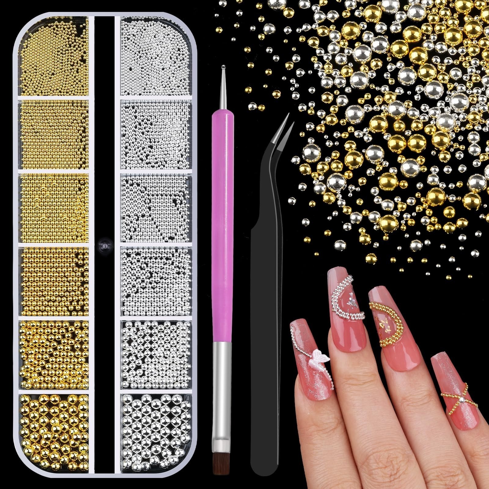 3D Mini Metal Caviar Nail Beads – Gold Silver Alloy Nail Art Charms