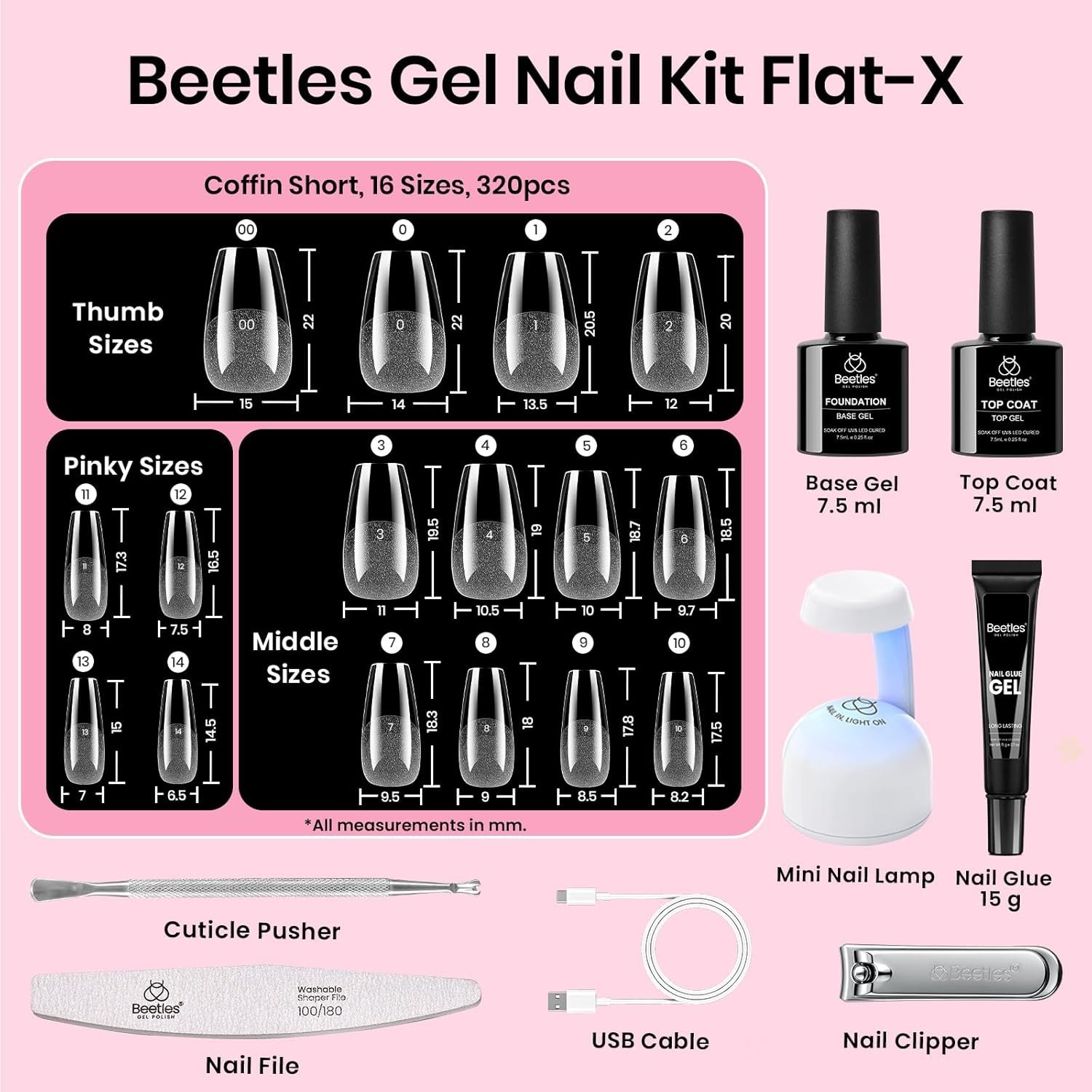 Beetles Gel Nail Kit – Short Coffin Tips, 320pcs, 15g Glue