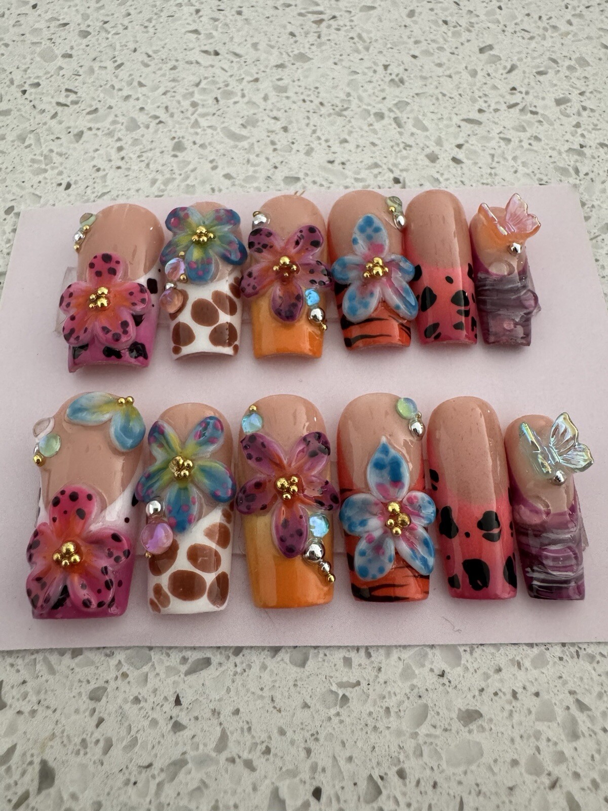 New Custom Press On False Fake Nails French Animal Print Flower Butterfly 12 pc
