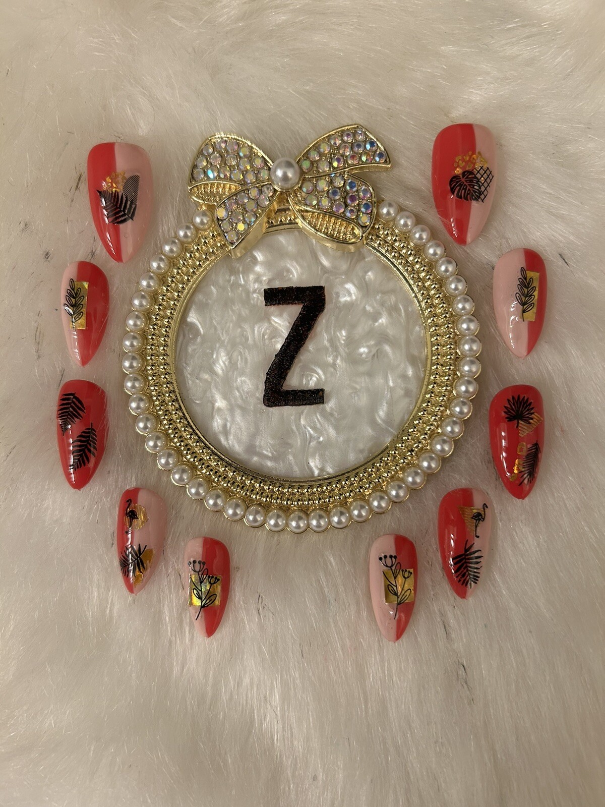 Z NAILZ! Gorgeous Set Of Handmade Red/flesh M Oval Press On Nails With Decals