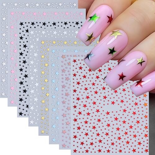 8 Pcs Star Nail Stickers 3D Self-Adhesive 3D Shiny Stars Glitters Nail star