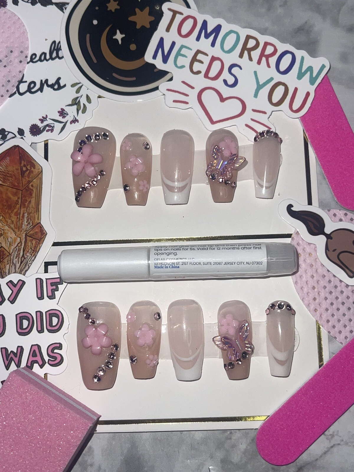 White And Pink French Tip W/ Rhinestones Press on Nails. includes Prep Kit