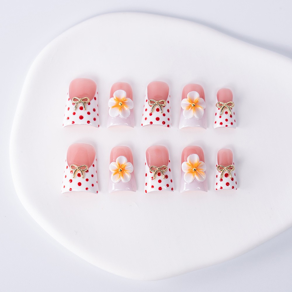 10pcs Handmade Nails, Yellow White Ombre w/ 3D Flowers, Red Polka Dot, Chic