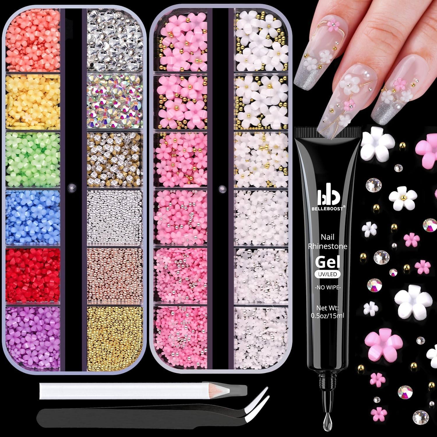 3 cajas de adornos para uñas con flores 3D, suministros para uñas acrílicas