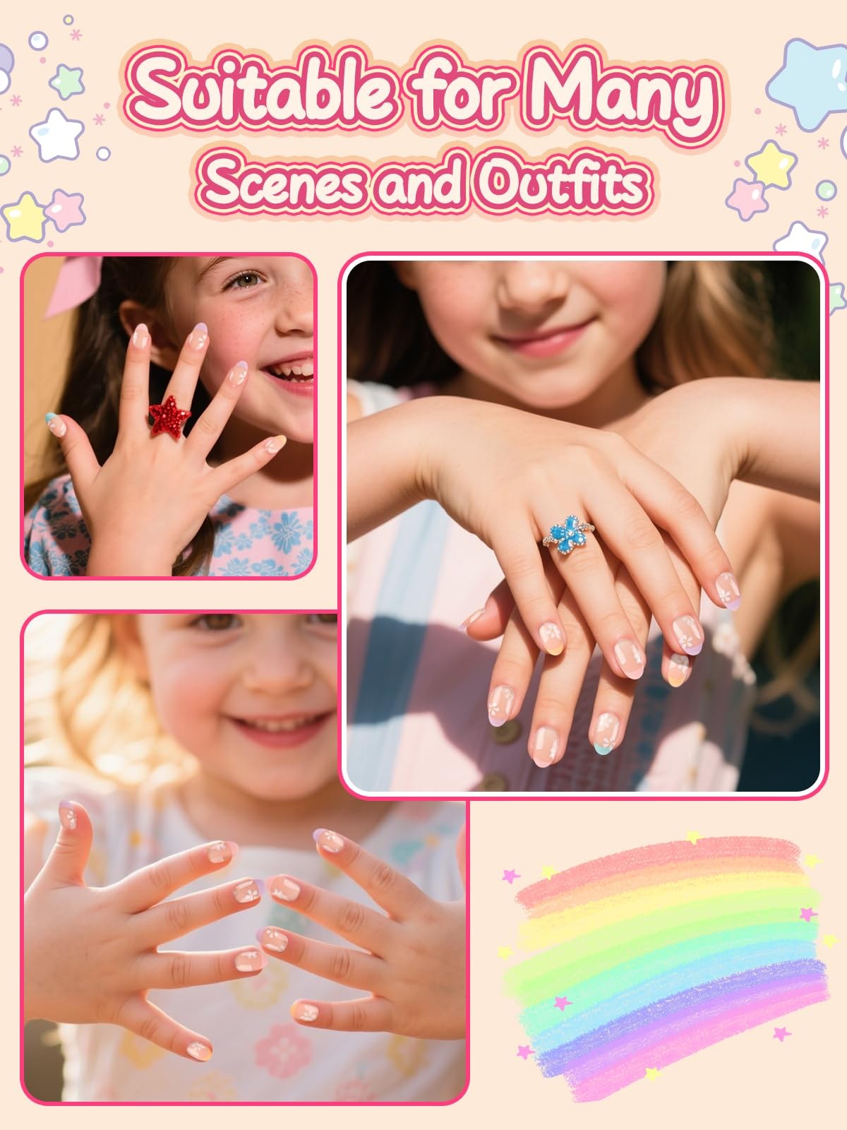 Press on Nails for Girls 5-12 Years, Pink Flower, 26 Pcs