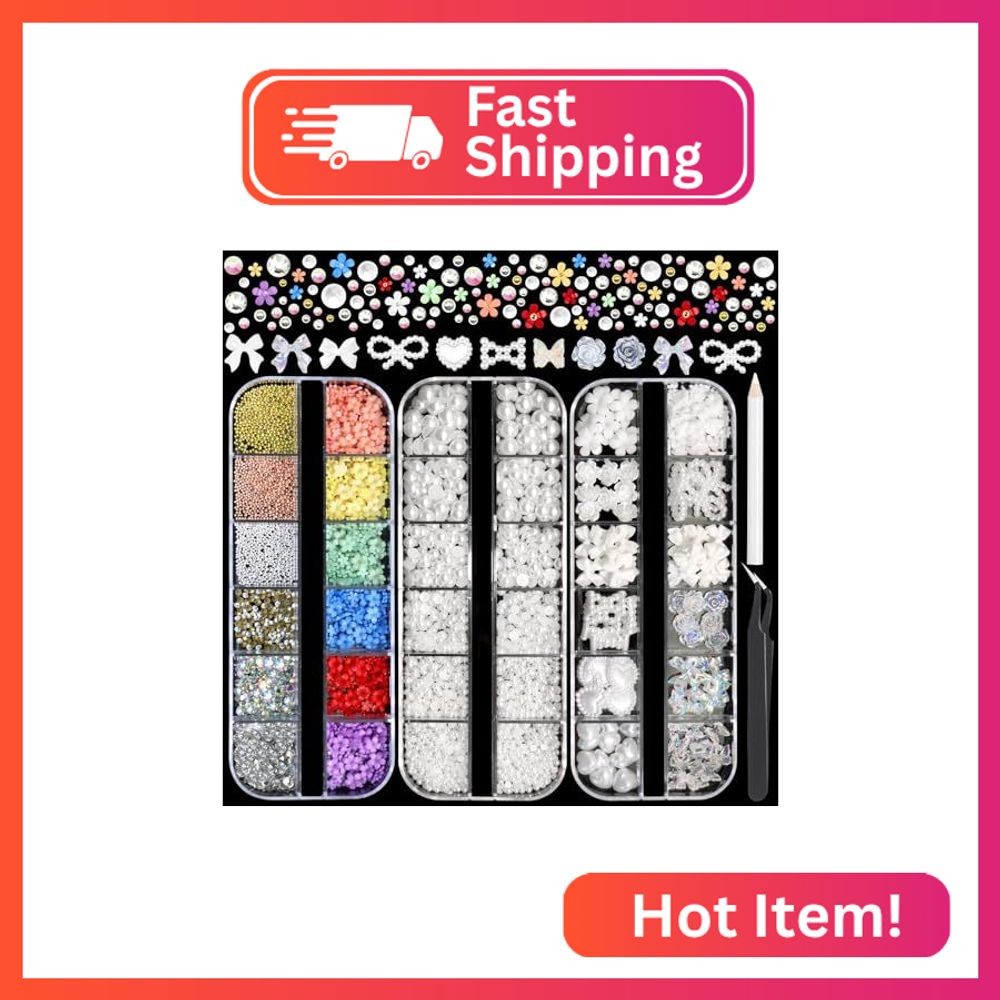 RODAKY Colorful Flower Nail Charms White Flatback Pearls Resin 3D Bow Heart Char