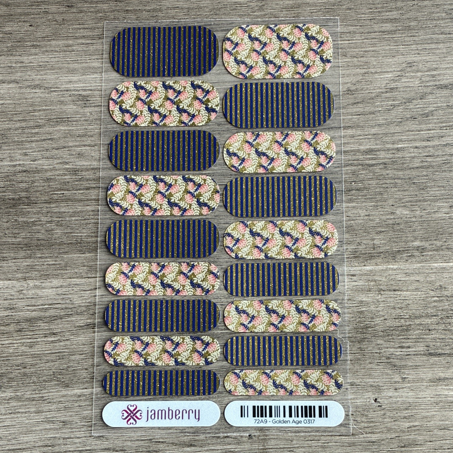 Jamberry 72A9 Golden Age Floral Glitter Press-On Nails Short Oval Blue/Gold