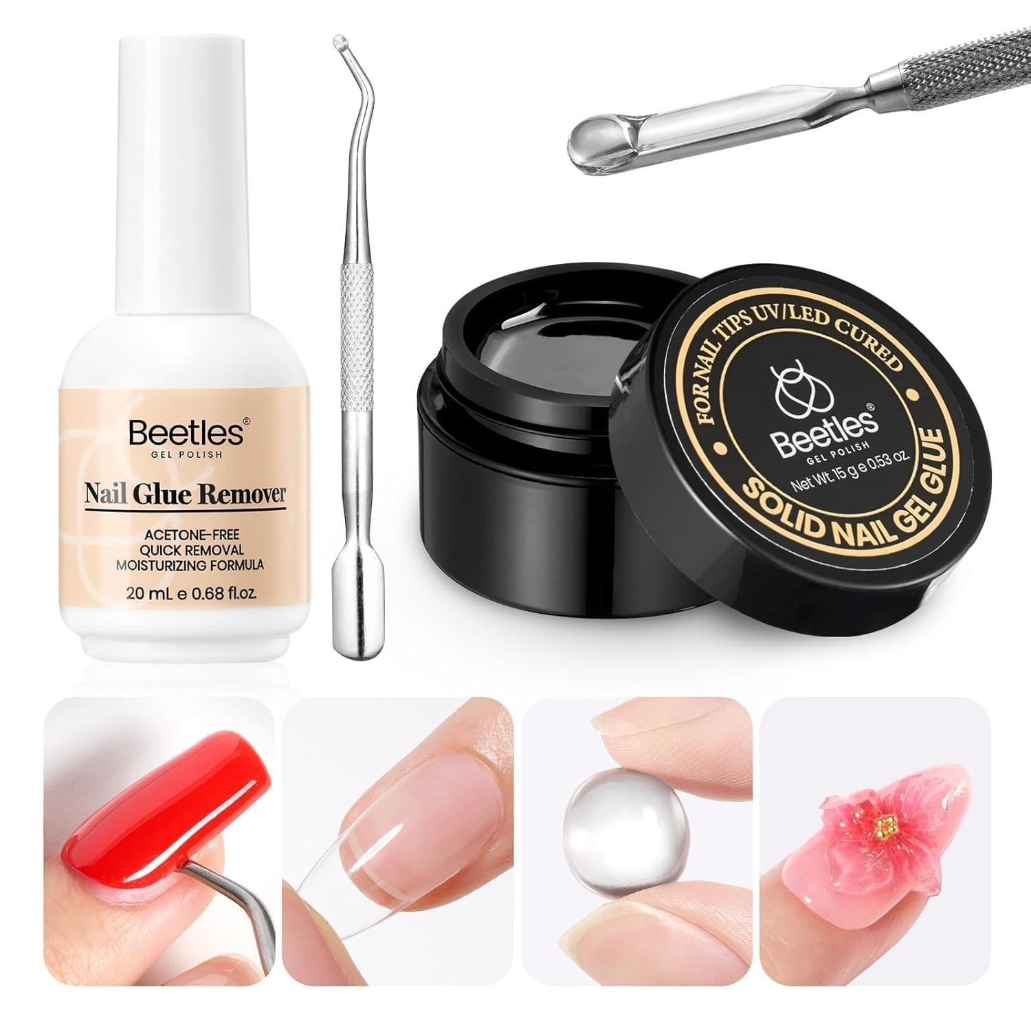 Beetles Solid Nail Glue Gel with 20ml Nail Glue Remover Set 15g for Press On …