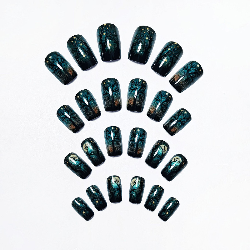 48 Pcs Halloween Tree Press on Nails, Long Coffin Star Glitter Gothic Fake Nails