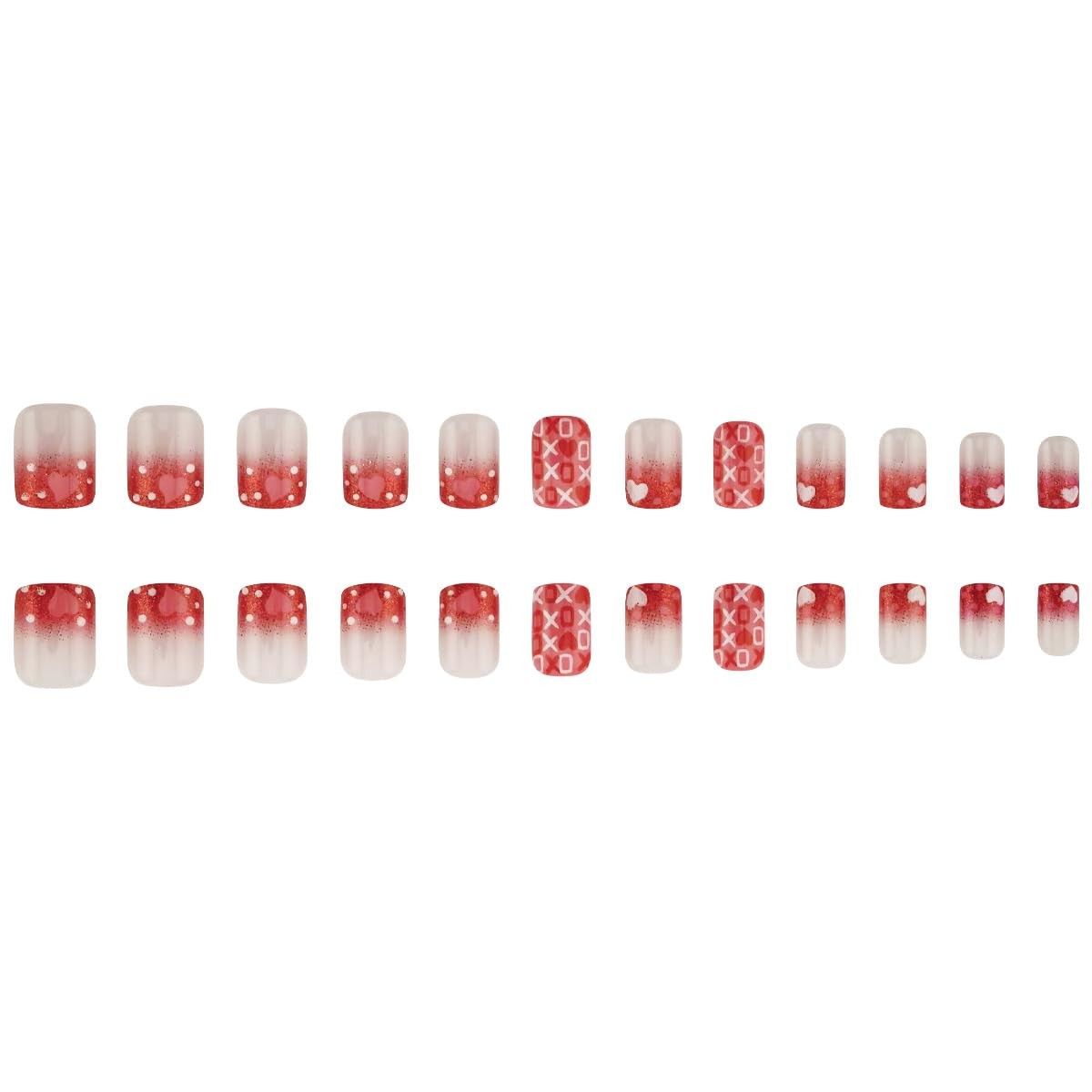 Square Press on Nails Short Red Glitter French Tip Fake Nails Pink Heart Acry…