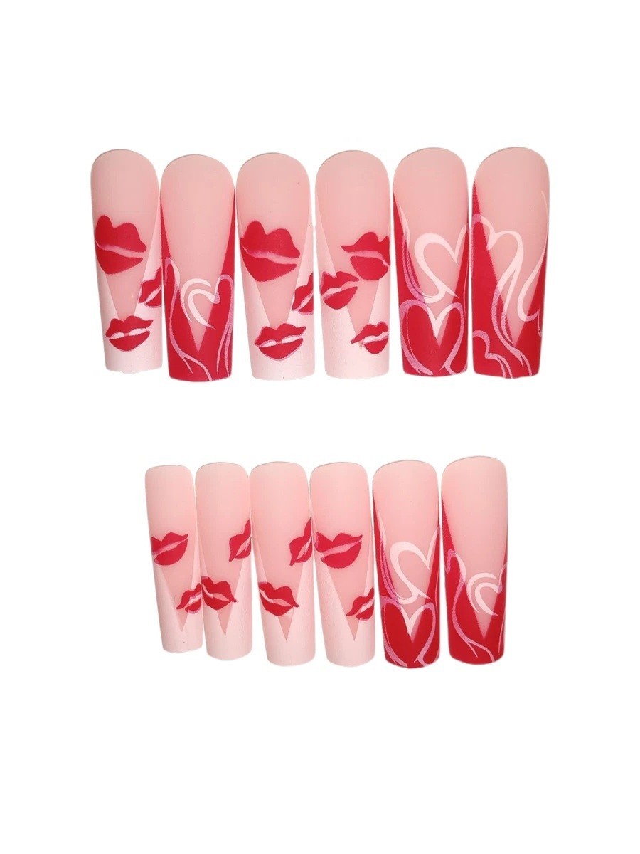 Red Xoxo Heart 24 Count Square Shape Nail Set /W Nail Glue