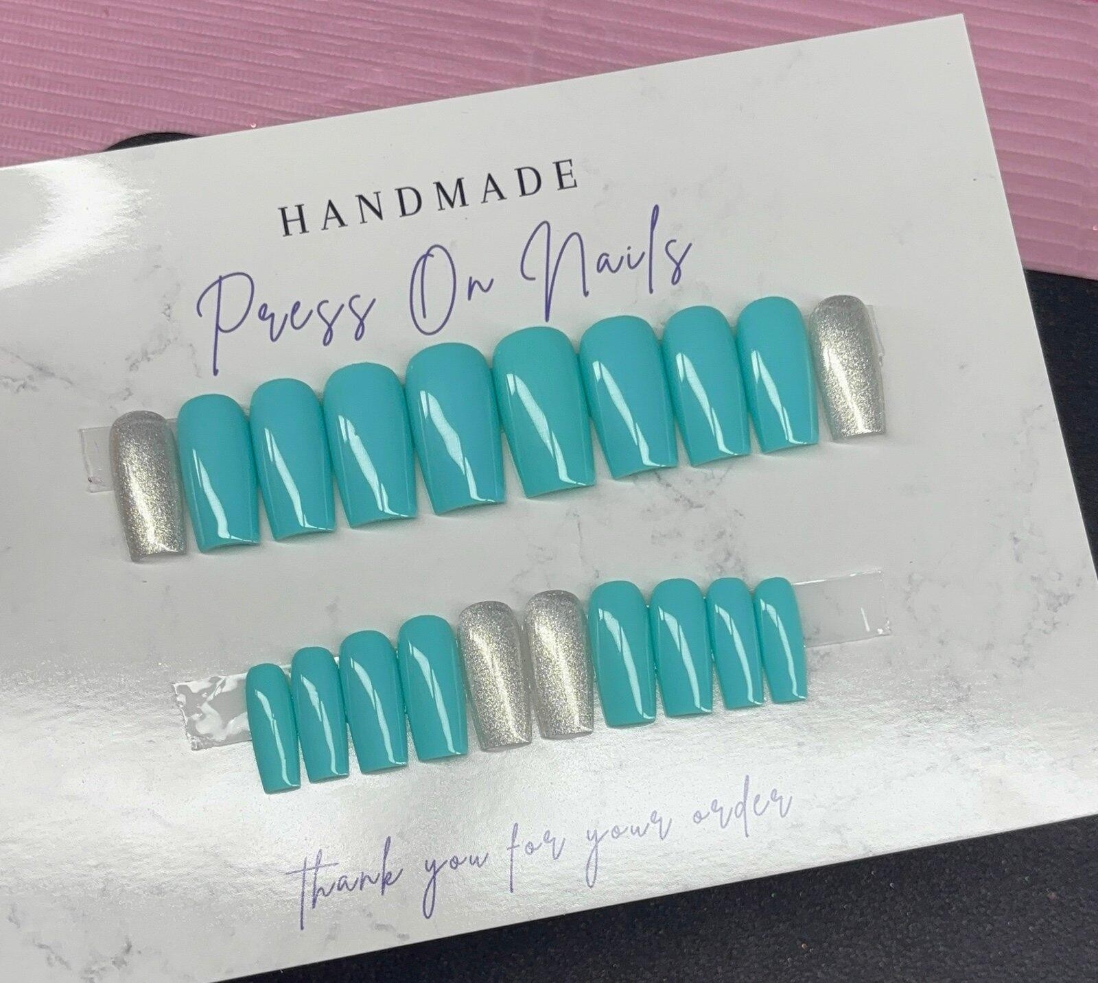 Medium square Press on nails silver glitter teal light blue handmade custom gel