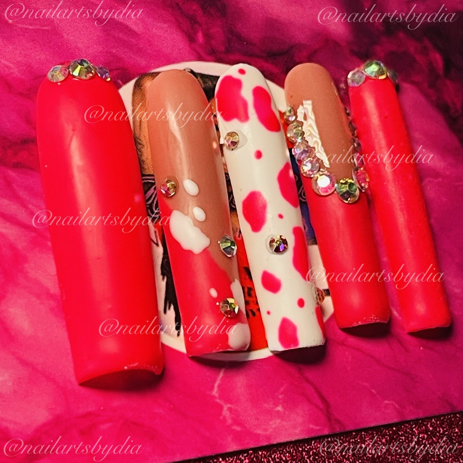 Long Coffin Press-On Nails Pink White Beige Animal 3D Full Cover Pre-Designed