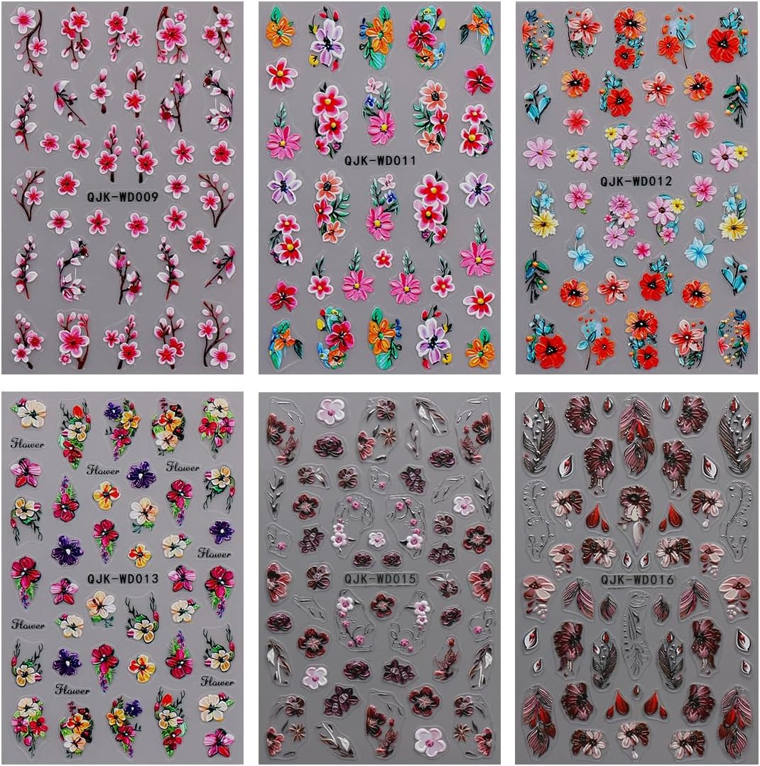6 Sheets Flower Nail Art Stickers Decals Self-Adhesive Spring Summer Floral N…