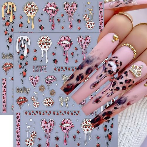 2 Sheets Valentines Day Nail Art Stickers Leopard Print Love Heart Nail bow