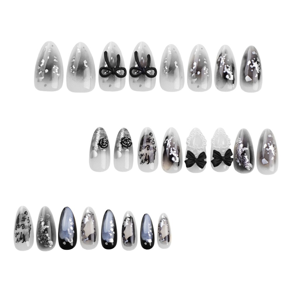 Nail Stickers Almond Shape Black 3D Bow with Pearl Heart Star Gradient Glitter