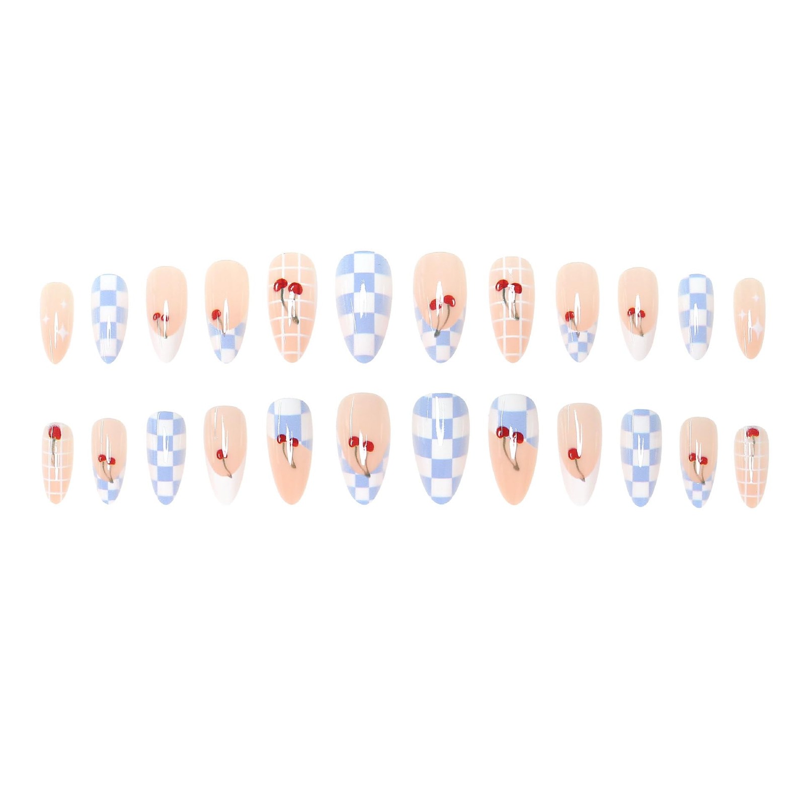 24Pcs Lattice Press on Nails Medium Almond Fake Nails with Cherry Design Glue…