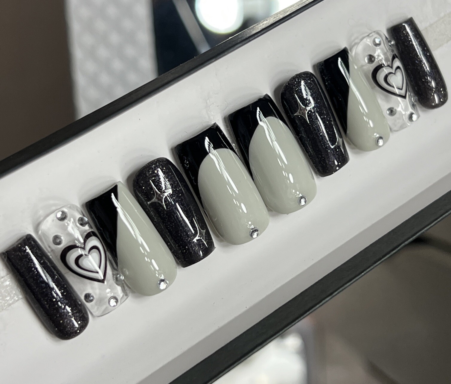 🤍 CUSTOM Hard Gel Press On Nails Black GREY HEART Bling 10p FULL SET SQUARE