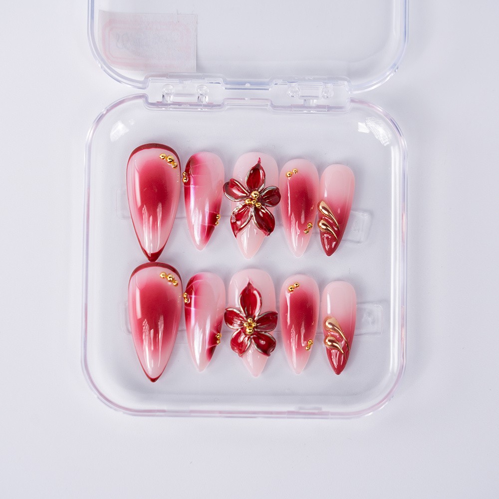 Handmade High Quality Almond Press On Nails Pink Red Gradient Fake Nails S-L