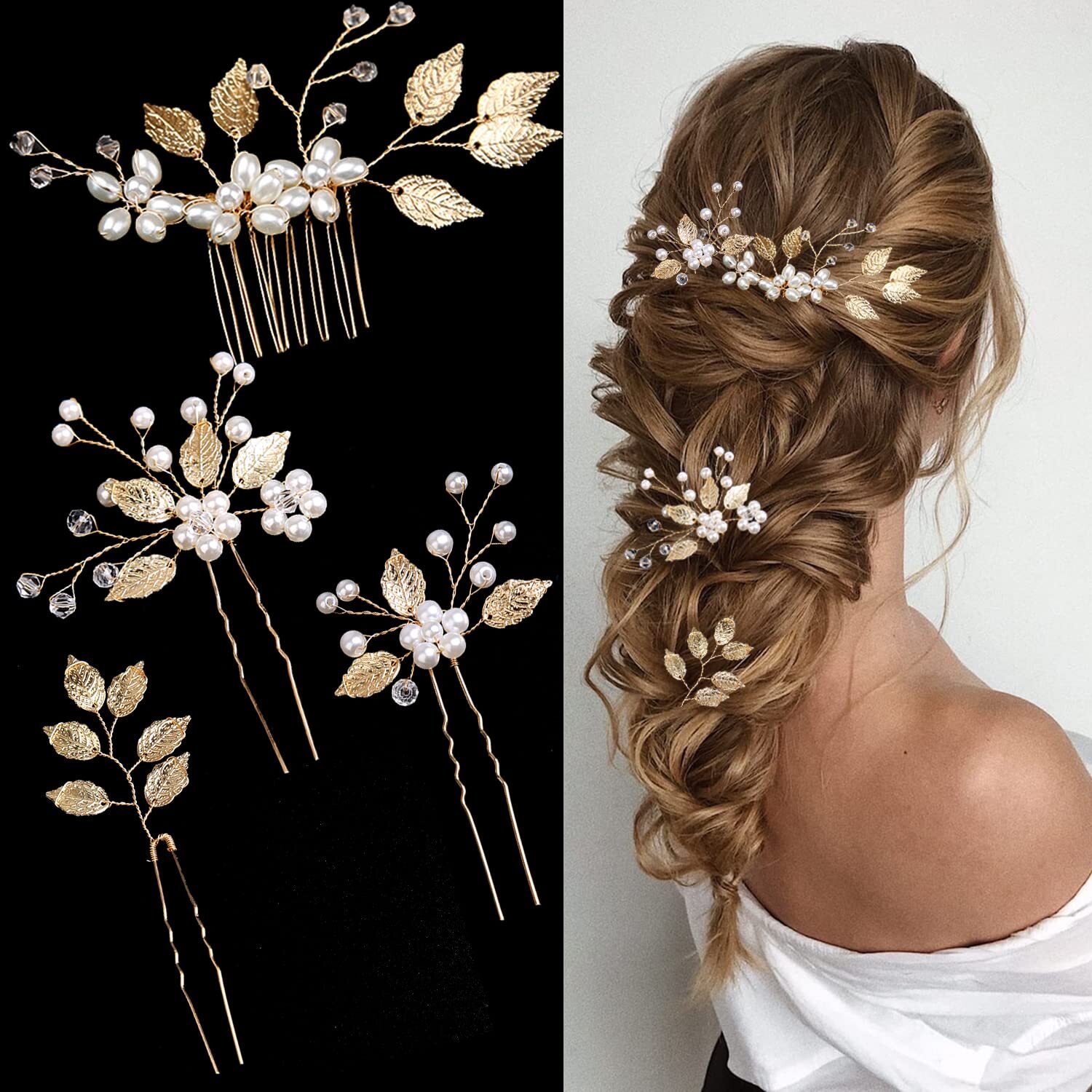 4 Pieces Bridal Wedding Hair Pins Gold Leaf 4 Count (Pack of 1), Elegant