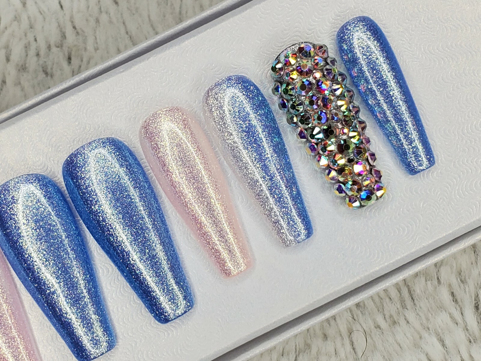 Baby blue white Bling glitter long ballerina diamond press on nails barbie ombre