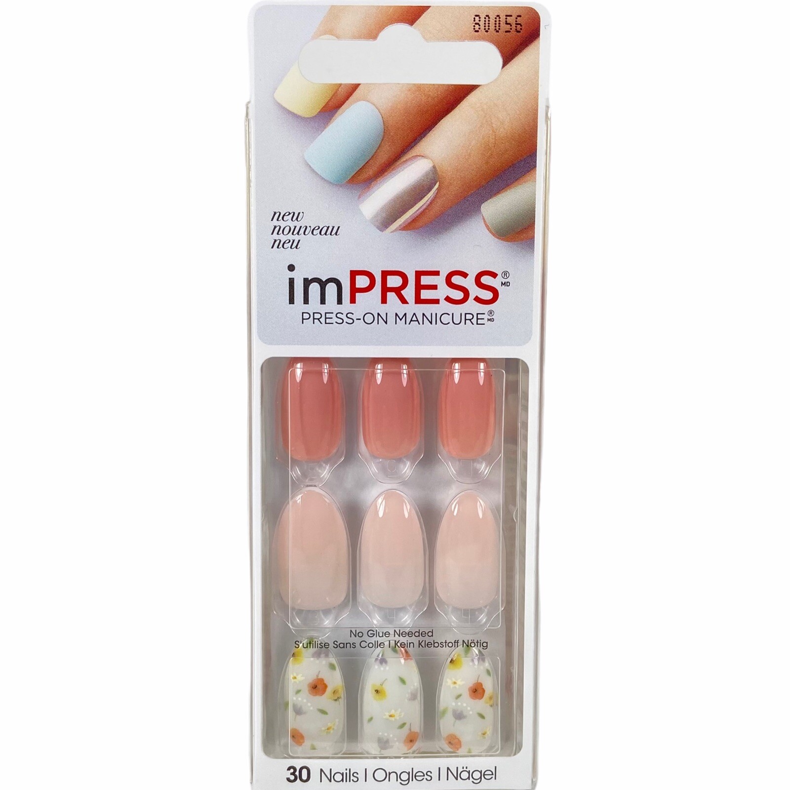 NEW Kiss Nails Impress Press On Manicure Medium Gel Almond Pink White Floral
