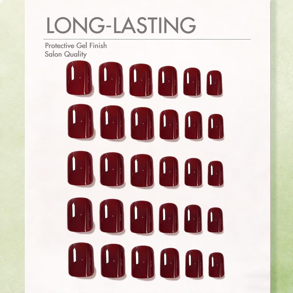 SXVME Short Square Nails Wine Red Press On 30 Pcs