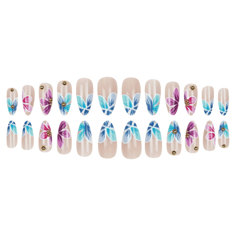 48pcs Almond Press on Nails,Nude White French Blue Purple Flower Gold Bead Nails
