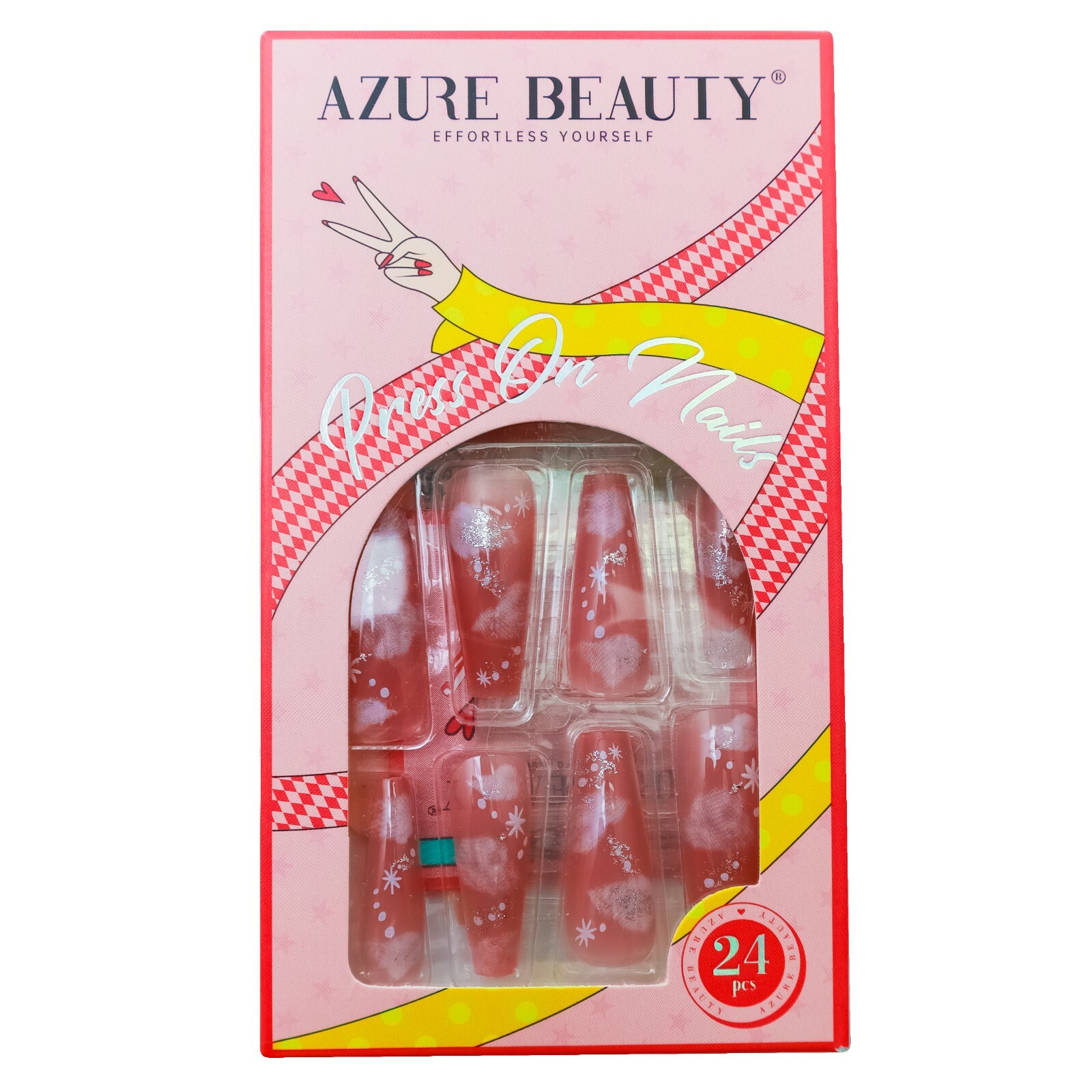 Azure Beauty 24 Piece Adhesive ABS Plastic Press On Nails Pink Clouds Stars
